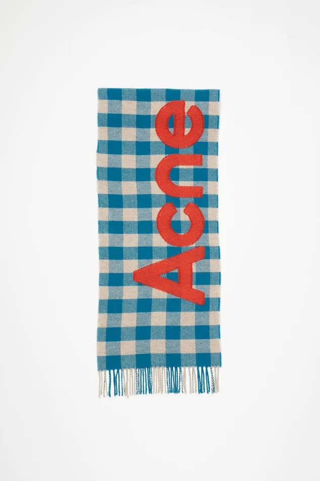 Acne Studios Check Logo Scarf Turquoise Blueorange Woman Scarves