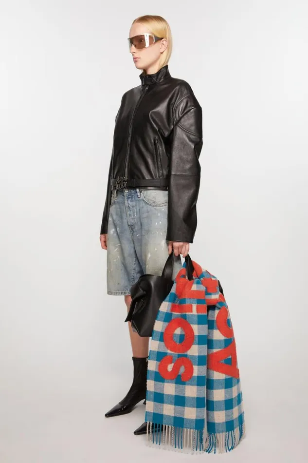 Acne Studios Check Logo Scarf Turquoise Blueorange Woman Scarves