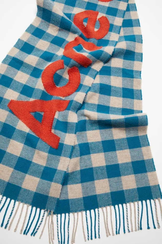 Acne Studios Check Logo Scarf Turquoise Blueorange Woman Scarves