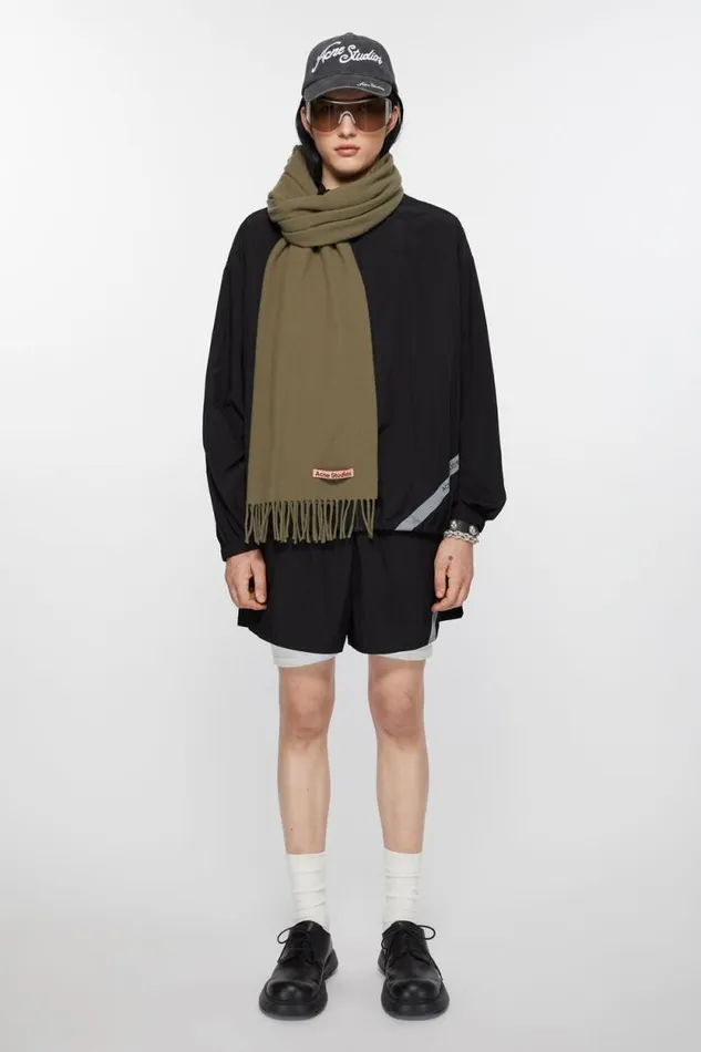 Acne Studios Fringe Wool Scarf 8211 Narrow Khaki Green Woman Scarves
