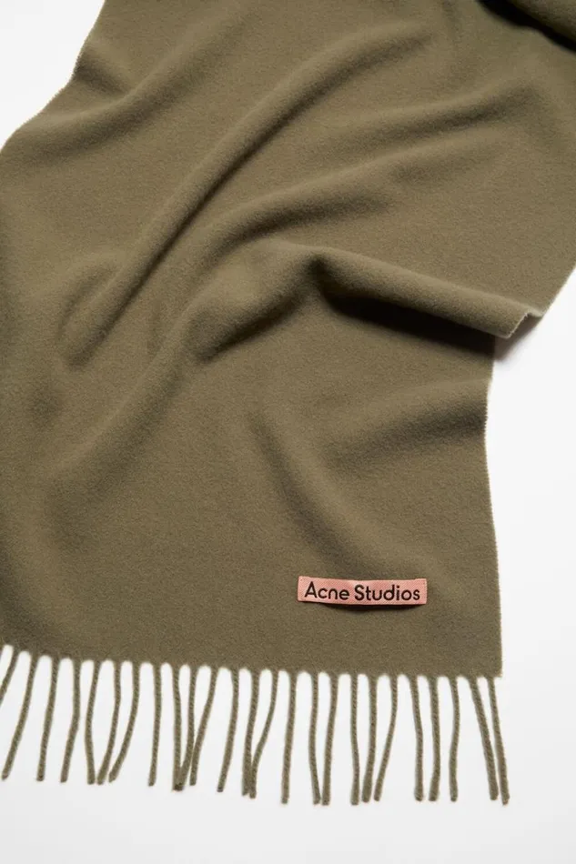 Acne Studios Fringe Wool Scarf 8211 Narrow Khaki Green Woman Scarves