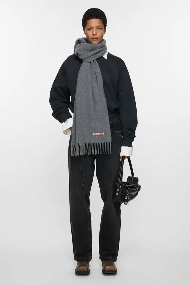 Acne Studios Fringe Wool Scarf Narrow Grey Melange Woman Scarves