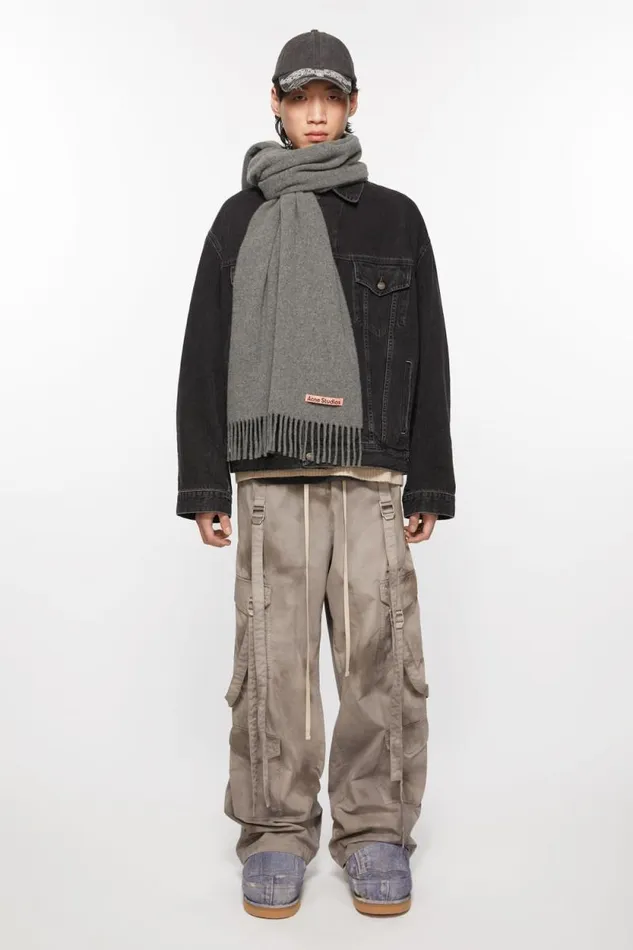 Acne Studios Fringe Wool Scarf Narrow Grey Melange Woman Scarves