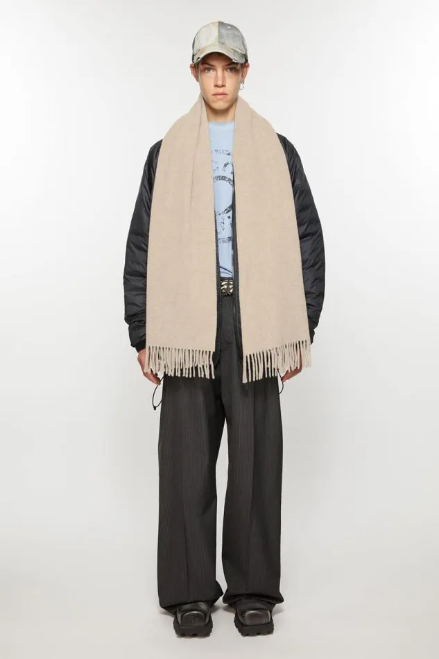Acne Studios Fringe Wool Scarf Narrow Oatmeal Melange Man Scarves