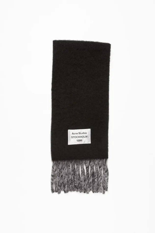 Acne Studios Fringed Scarf Logo Label Blackgrey Woman Scarves