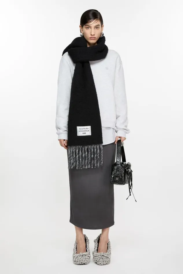 Acne Studios Fringed Scarf Logo Label Blackgrey Woman Scarves