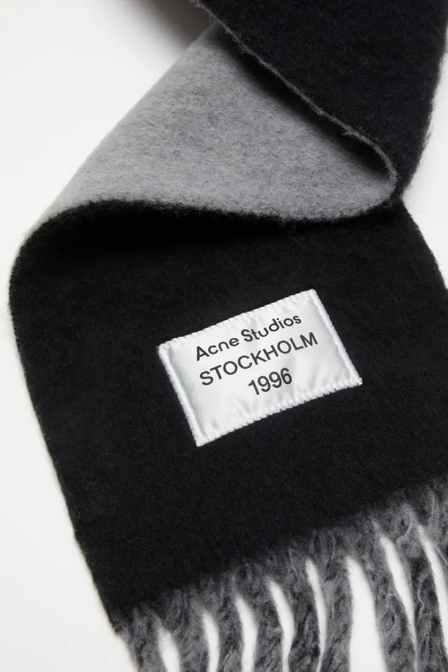 Acne Studios Fringed Scarf Logo Label Blackgrey Woman Scarves