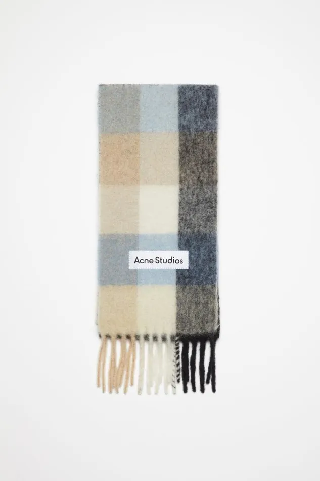 Acne Studios Mohair Checked Scarf Bluebeigeblack Man Scarves