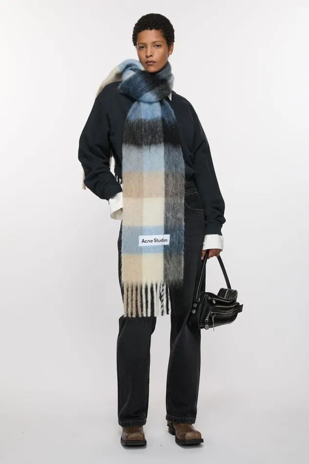 Acne Studios Mohair Checked Scarf Bluebeigeblack Man Scarves