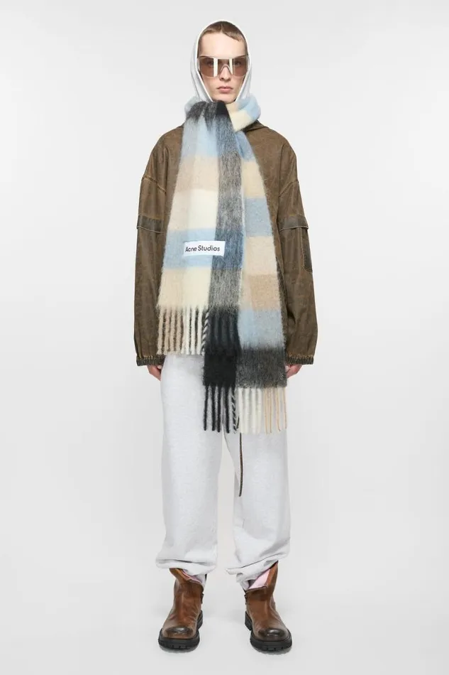 Acne Studios Mohair Checked Scarf Bluebeigeblack Man Scarves