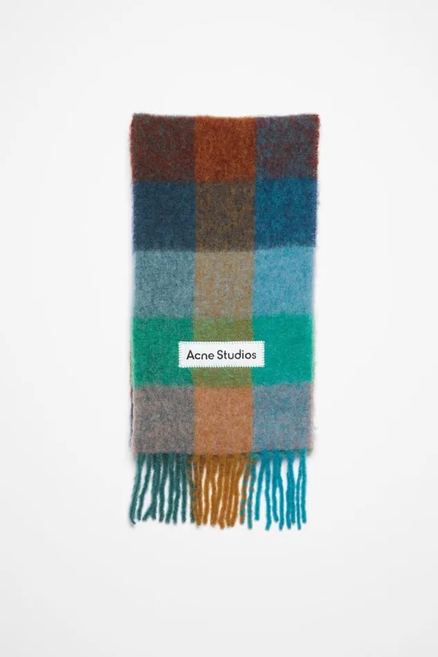 Acne Studios Mohair Checked Scarf Turquoisecamelblue Man Scarves