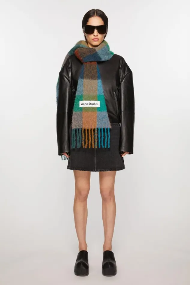 Acne Studios Mohair Checked Scarf Turquoisecamelblue Man Scarves
