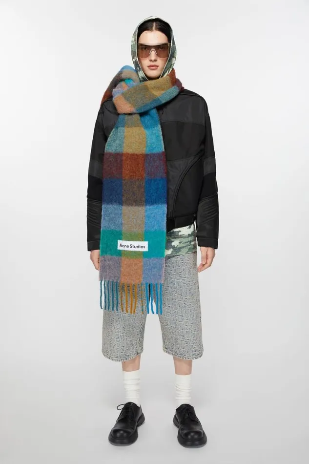Acne Studios Mohair Checked Scarf Turquoisecamelblue Man Scarves