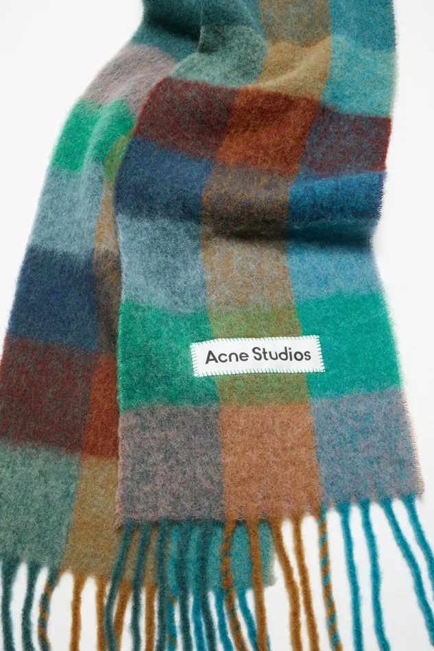 Acne Studios Mohair Checked Scarf Turquoisecamelblue Man Scarves