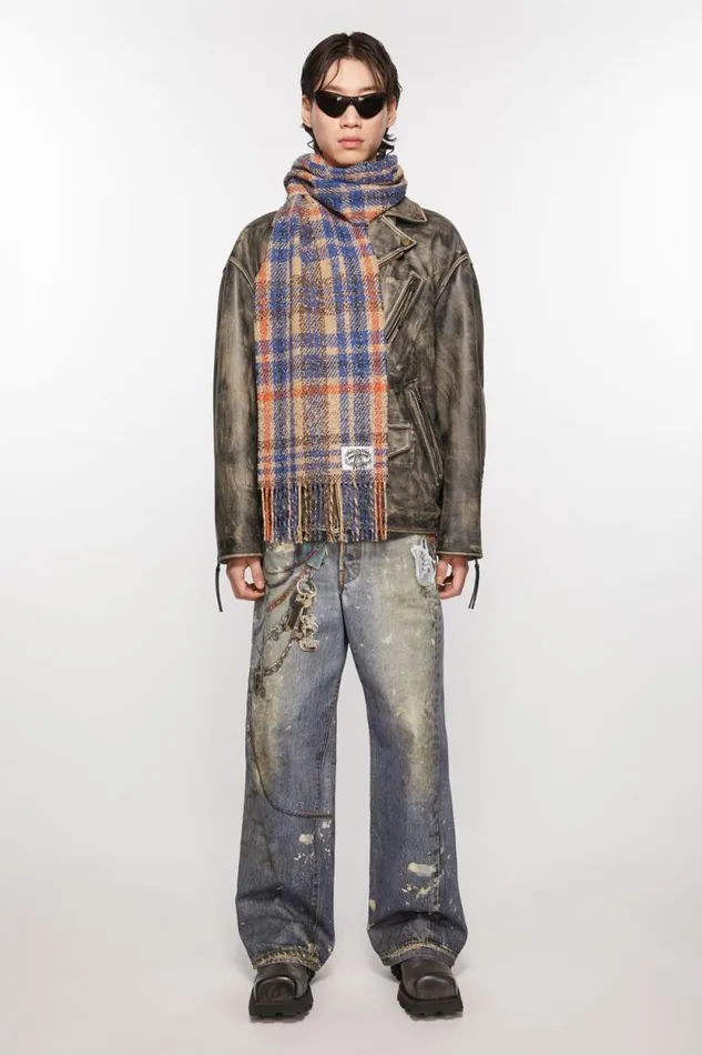 Acne Studios Plaid Fringe Scarf Beigeblue Man Scarves