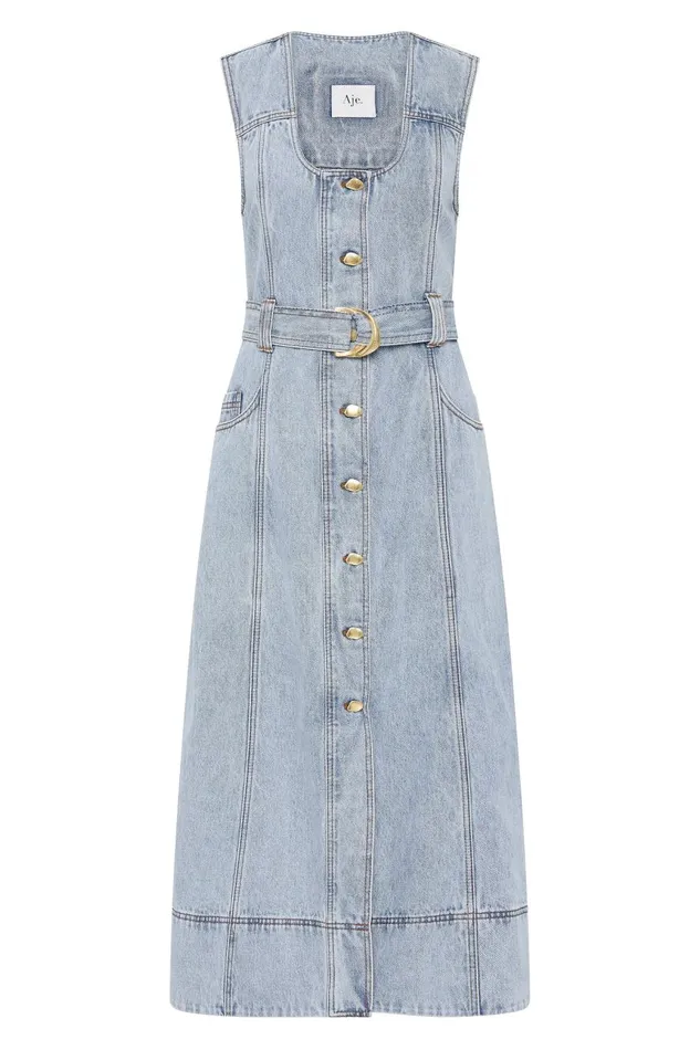Aje Denim Aura Denim Midi Dress Sea Spray Wash 8211 Women Aje Denim Aura Denim Midi Dress Sea Spray Wash 8211 Women