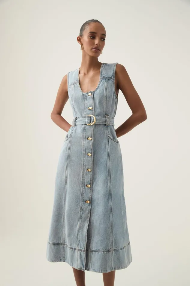 Aje Denim Aura Denim Midi Dress Sea Spray Wash 8211 Women Aje Denim Aura Denim Midi Dress Sea Spray Wash 8211 Women