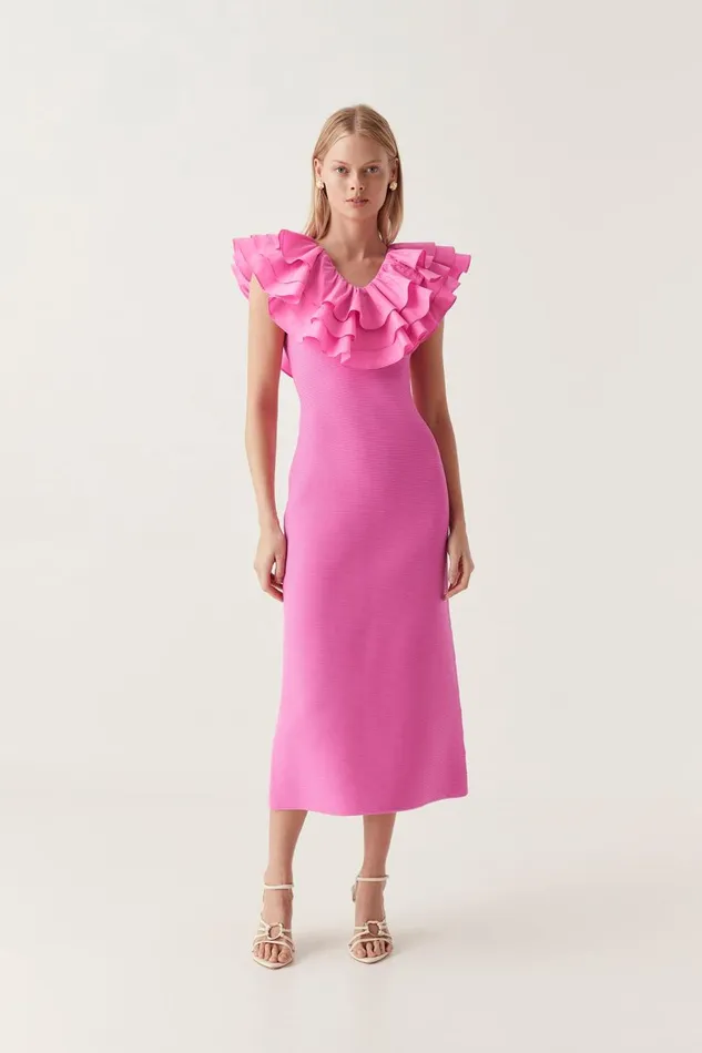 Aje Dresses Transcendent Ruffle Midi Dress Cerise Pink 8211 Women