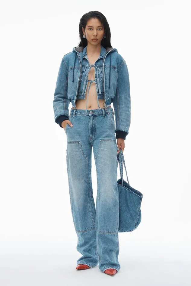 Alexander Wang Denim Women HighWaist Workwear Pant In Clear Bead Hotfix