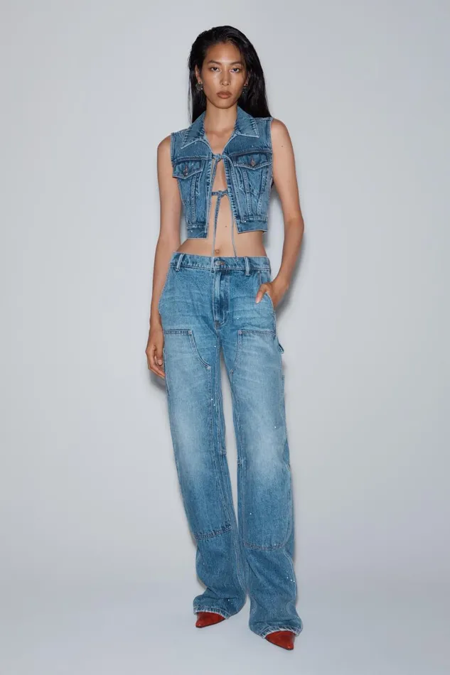 Alexander Wang Denim Women HighWaist Workwear Pant In Clear Bead Hotfix