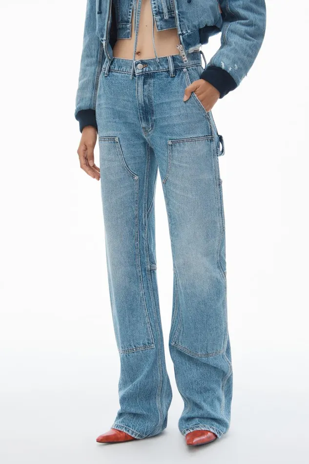 Alexander Wang Denim Women HighWaist Workwear Pant In Clear Bead Hotfix