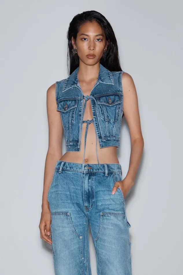 Alexander Wang Denim Women HighWaist Workwear Pant In Clear Bead Hotfix