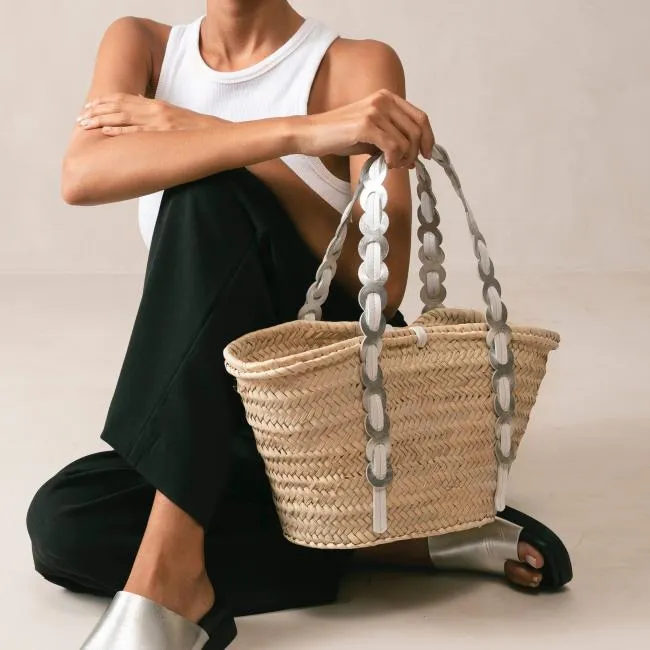 ALOHAS Bags Palmette 8211 Silver And White Leather Straw Bag 8211 Women