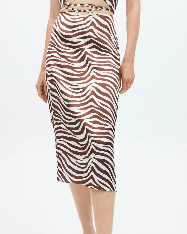 ALOHAS Skirts High Tied Safari 8211 Brown And White Satin Skirt 8211 Women