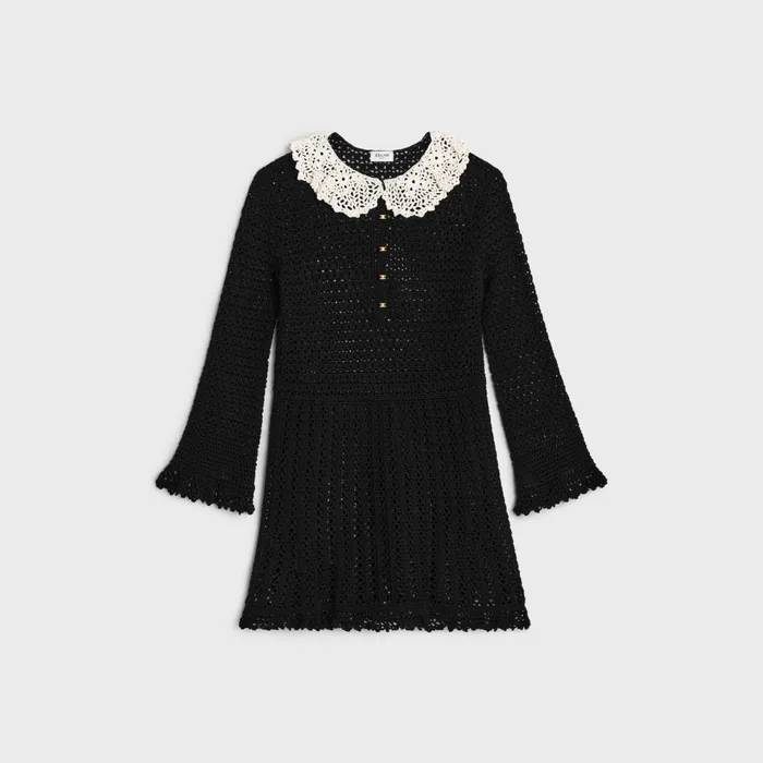 Babydoll Mini Dress In Crocheted Cotton Blackoff White Women CELINE DRESSES AND SKIRTS Babydoll Mini Dress In Crocheted Cotton Blackoff White Women CELINE DRESSES AND SKIRTS