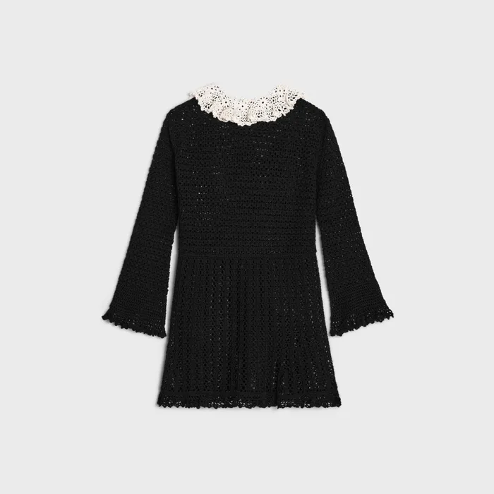 Babydoll Mini Dress In Crocheted Cotton Blackoff White Women CELINE DRESSES AND SKIRTS