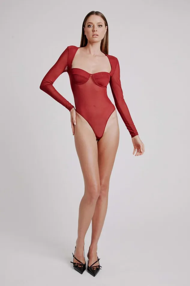 Bardot Bodysuits Carter Mesh Bodysuit In Burgundy 8211 Women