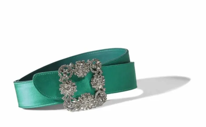 Belts Women Manolo Blahnik HANGISI BELTGreen Satin Crystal Buckled Belt