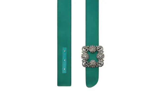 Belts Women Manolo Blahnik HANGISI BELTGreen Satin Crystal Buckled Belt Belts Women Manolo Blahnik HANGISI BELTGreen Satin Crystal Buckled Belt