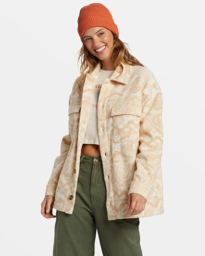 Billabong Tops Happy Camper Shacket Button Sweater Wet Sand 8211 Women