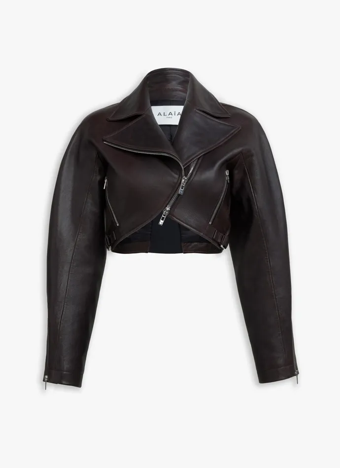 Black CROPPED BIKER JACKET Women Alaa Coats and Jackets