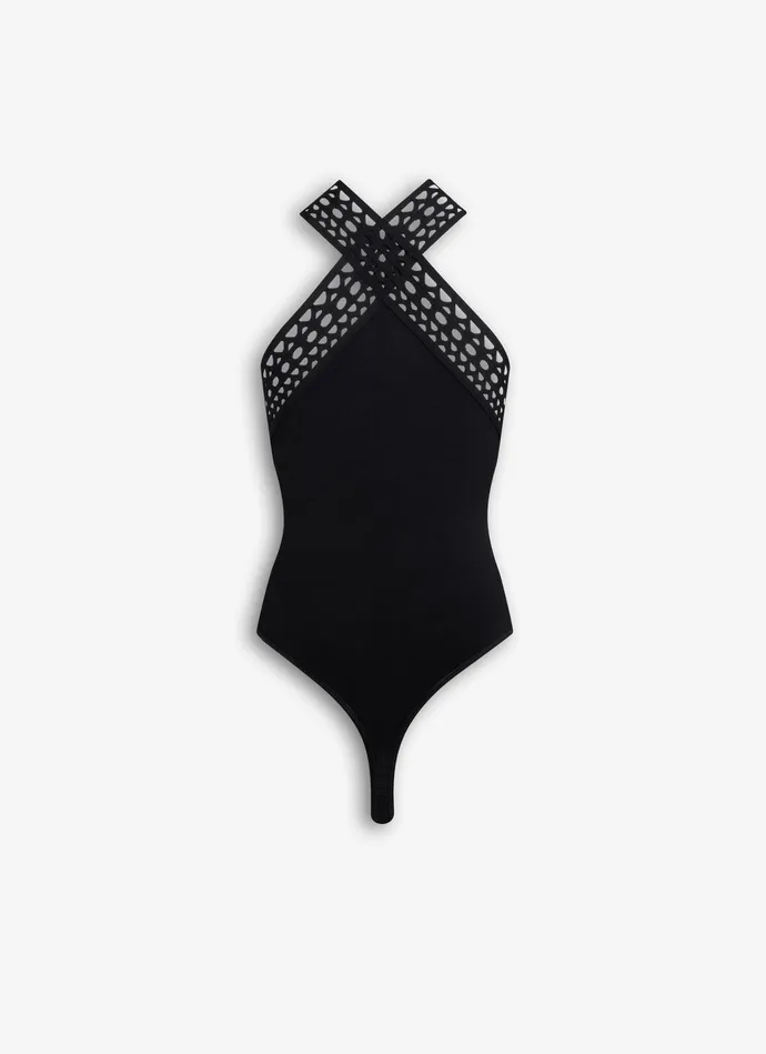 Black CROSS NECK VIENNE BODY Women Alaa Bodysuits and Leggings