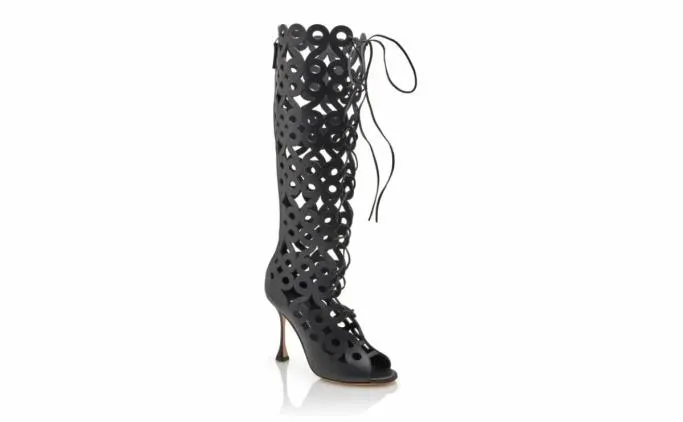Boots Women Manolo Blahnik TARASHIBlack Calf Leather Cut Out Knee High Boots