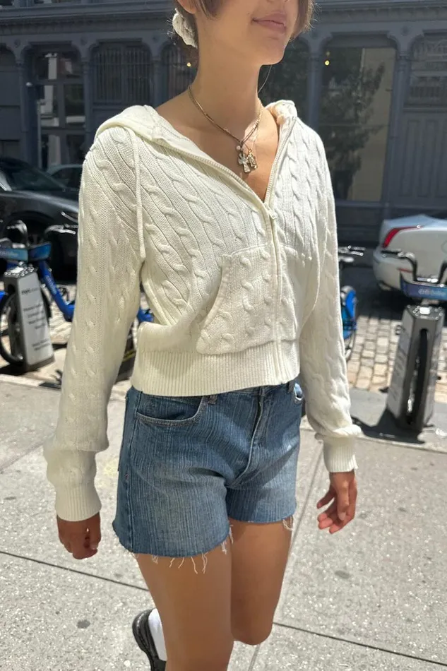 Brandy Melville Sweaters Ayla Cable Knit Hoodie Ivory 8211 Women
