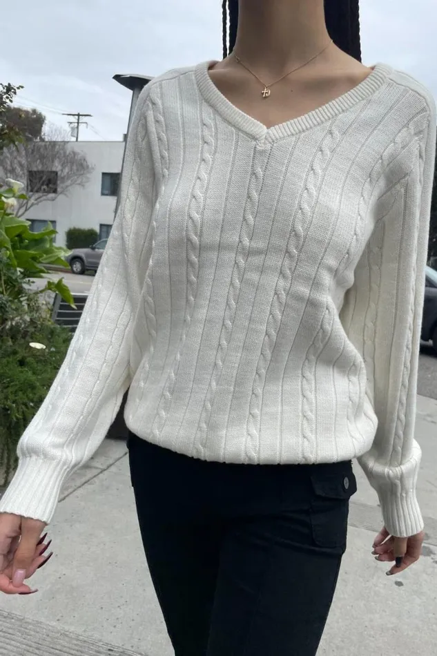 Brandy Melville Sweaters Ida Cotton Cable Knit VNeck Sweater Ivory 8211 Women