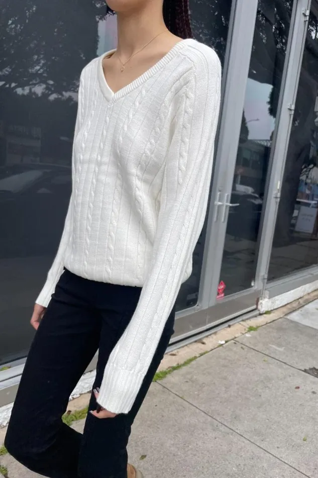 Brandy Melville Sweaters Ida Cotton Cable Knit VNeck Sweater Ivory 8211 Women
