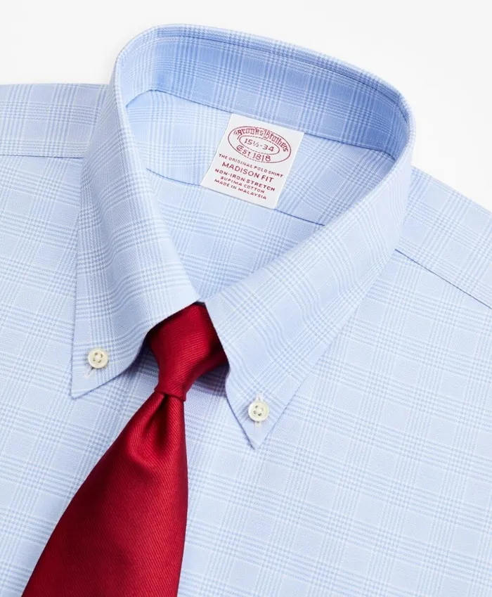 Brooks Brothers Dress Shirts Stretch Madison ClassicFit Dress Shirt NonIron Royal Oxford ButtonDown Collar Glen Plaid Light Blue 8211 Men