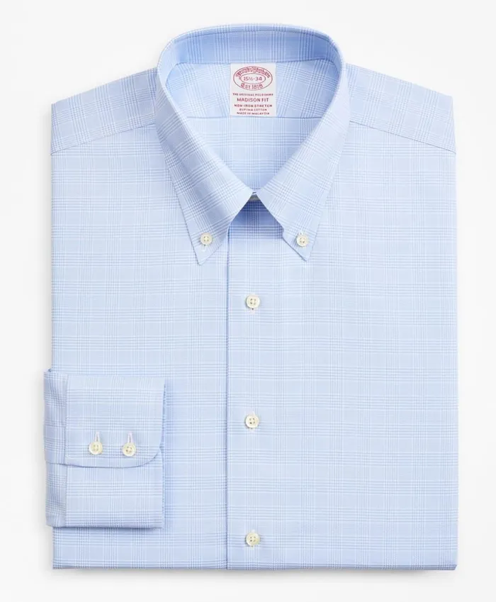 Brooks Brothers Dress Shirts Stretch Madison ClassicFit Dress Shirt NonIron Royal Oxford ButtonDown Collar Glen Plaid Light Blue 8211 Men