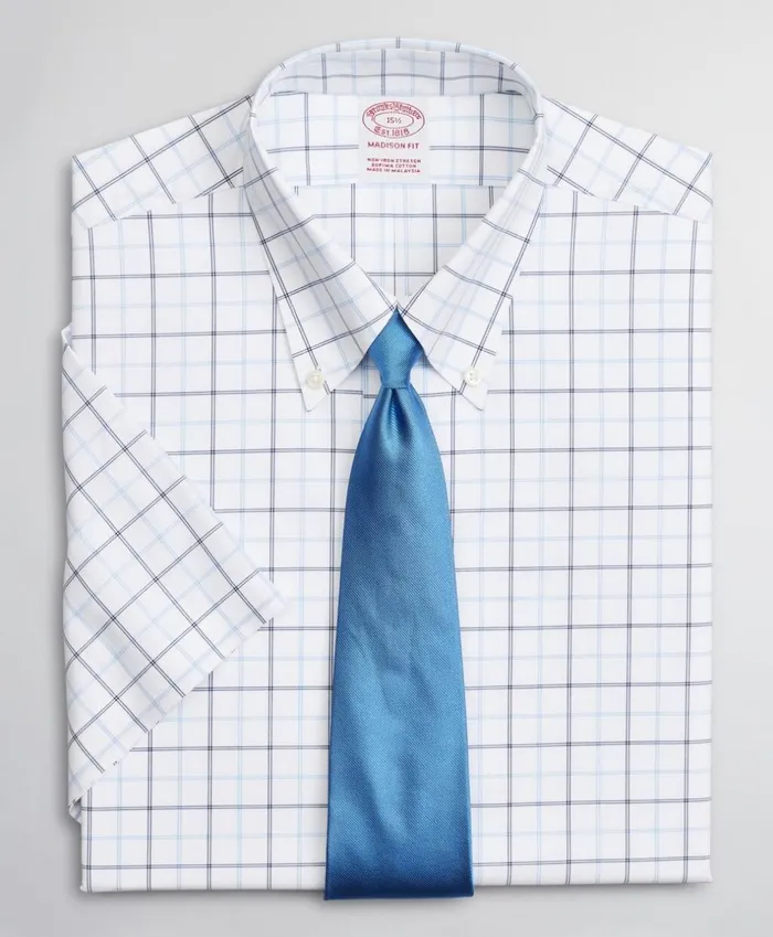 Brooks Brothers Dress Shirts Stretch Madison ClassicFit Dress Shirt NonIron Twill ShortSleeve DoubleGrid Checkk Blue 8211 Men Brooks Brothers Dress Shirts Stretch Madison ClassicFit Dress Shirt NonIron Twill ShortSleeve DoubleGrid Checkk Blue 8211 Men