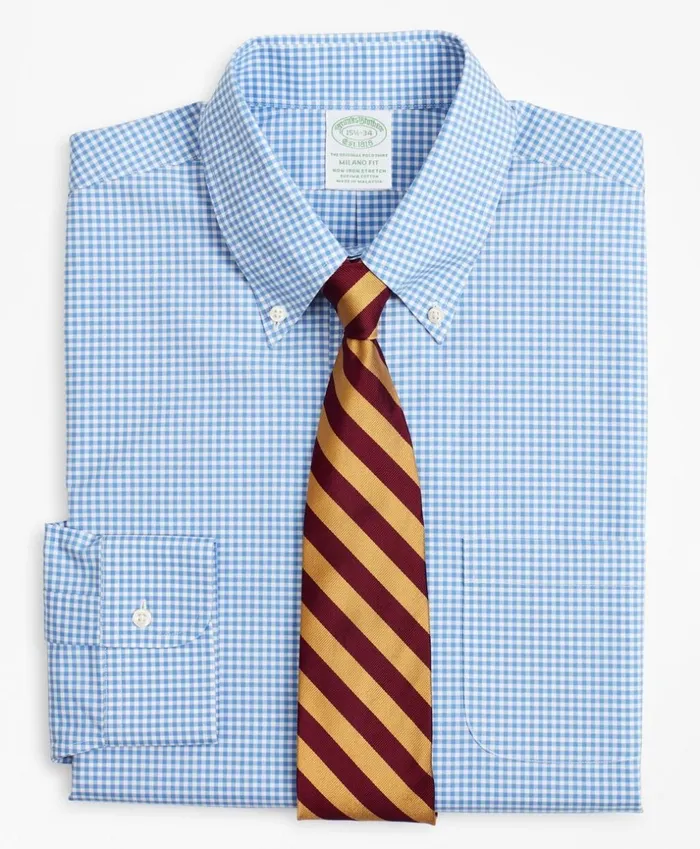 Brooks Brothers Dress Shirts Stretch Milano SlimFit Dress Shirt NonIron Poplin ButtonDown Collar Gingham Blue 8211 Men
