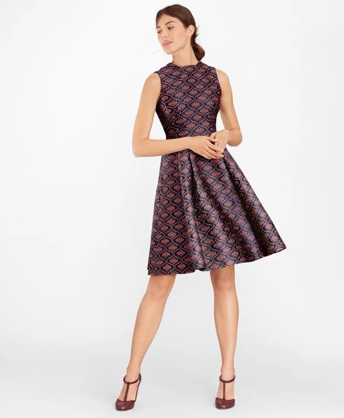 Brooks Brothers Dresses Floral Jacquard Pleated Dress Bluemulti 8211 Women