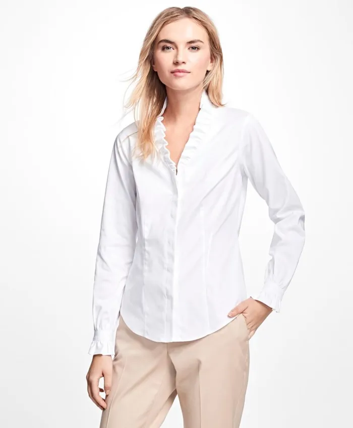 Brooks Brothers Petites Petite NonIron Ruffle Pinpoint Oxford Dress Shirt White 8211 Women