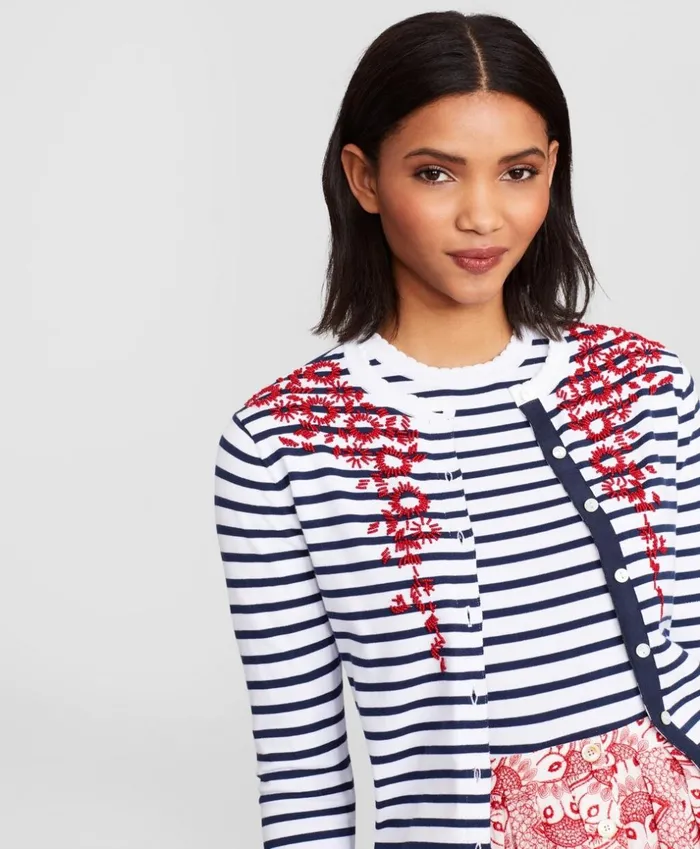 Brooks Brothers Sweaters FloralBeaded Striped Cardigan Whitenavy 8211 Women