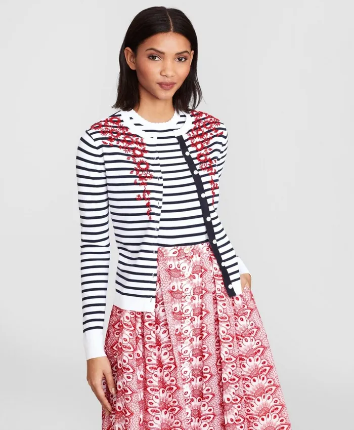 Brooks Brothers Sweaters FloralBeaded Striped Cardigan Whitenavy 8211 Women Brooks Brothers Sweaters FloralBeaded Striped Cardigan Whitenavy 8211 Women