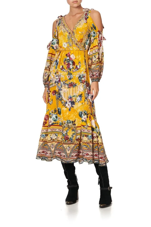 Camilla Wedding Guest Dresses Women Split Sleeve Wrap Dress Crowned Roses