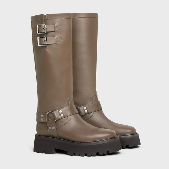 Celine Bulky Biker High Boot In Calfskin Khakisilver Women CELINE BOOTS AND ANKLE BOOTS